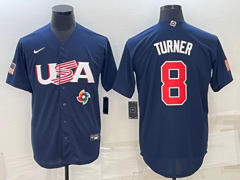 Men 2023 World Cub USA 8 Turner Blue Nike MLB Jersey6